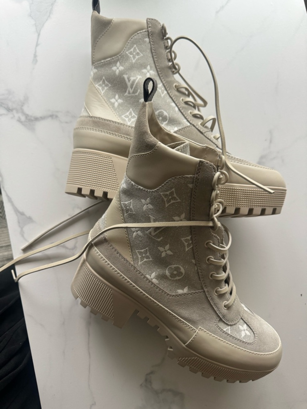 Louis Vuitton Cream Monogram Lace-Up Platform Boots